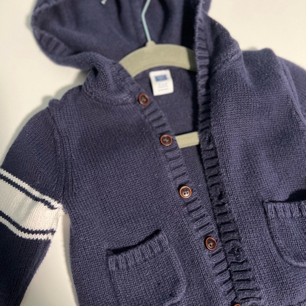 Janie & Jack baby hooded navy cardigan with striped sleeve